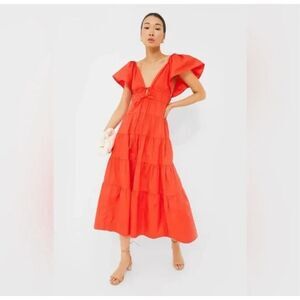 O.P.T. One Pretty Time Fallen Maxi Dress XL Red Plunge Neckline Tie Front Tiered